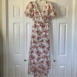 By the River Rose & Peony Maxi Dress, Puff Sleeves, Sheer Overlay, Size S